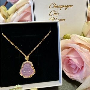Pink Crowned Cubic Zirconia Spring Buddha Gold Necklace